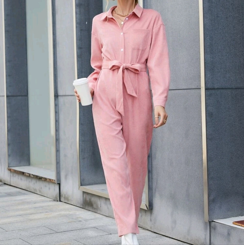SHEIN X Belinda Drop Shoulder Patched Pocket Belted Corduroy Shirt Jumpsuit